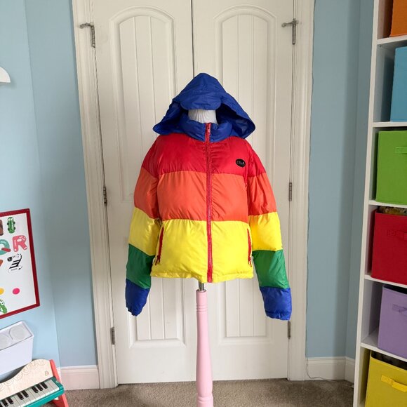 dELiA*s Bright Rainbow Puffer Coat with Roll Up Hood - Picture 2 of 13